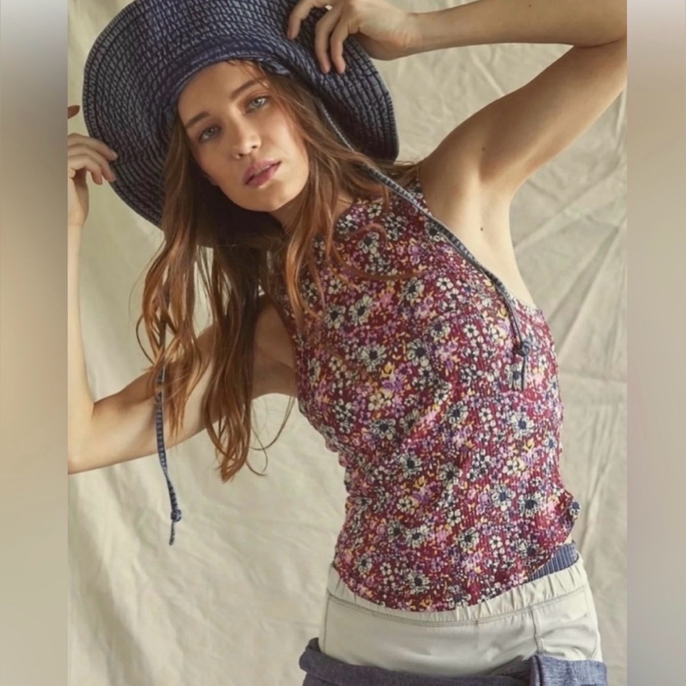Mod Retro NWOT Free People Wishful Floral Printed Ribbed Tank in Mulberry S